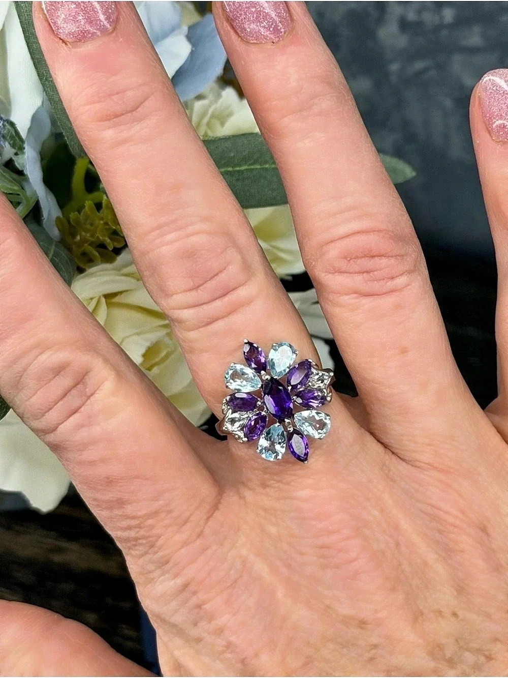 Exquisite Natural Amethyst Aquamarine & Topaz Ring 925 Sterling Silver Ring Sz 8